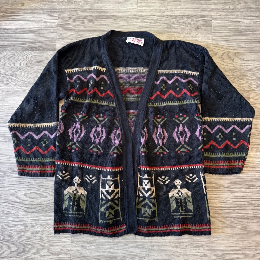 Vintage 90s Clifton Place Knits Southwestern Geometric Black Cardigan Sweater